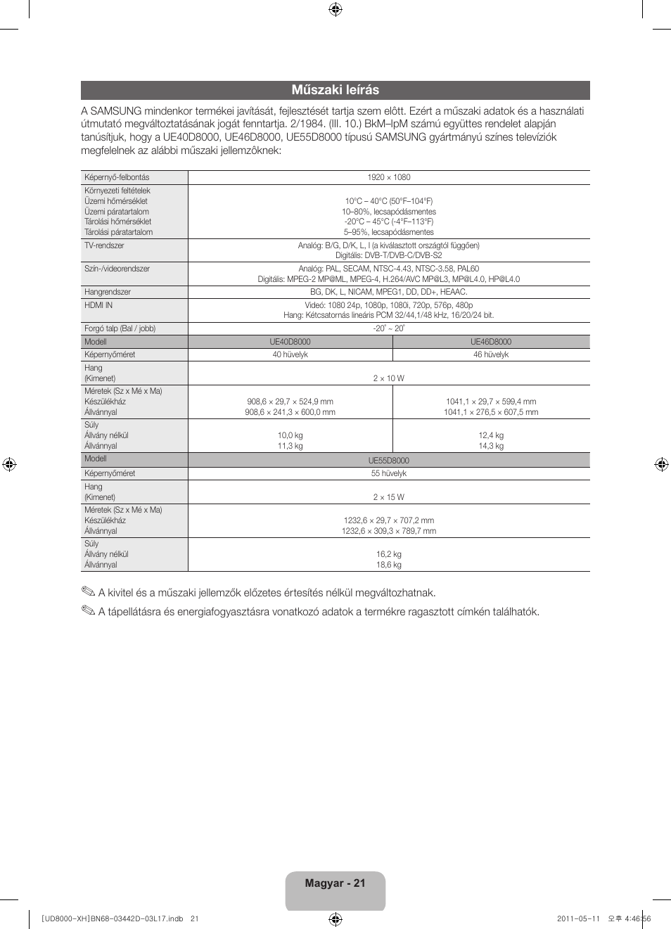 Műszaki leírás | Samsung UE46D8000YS User Manual | Page 41 / 344