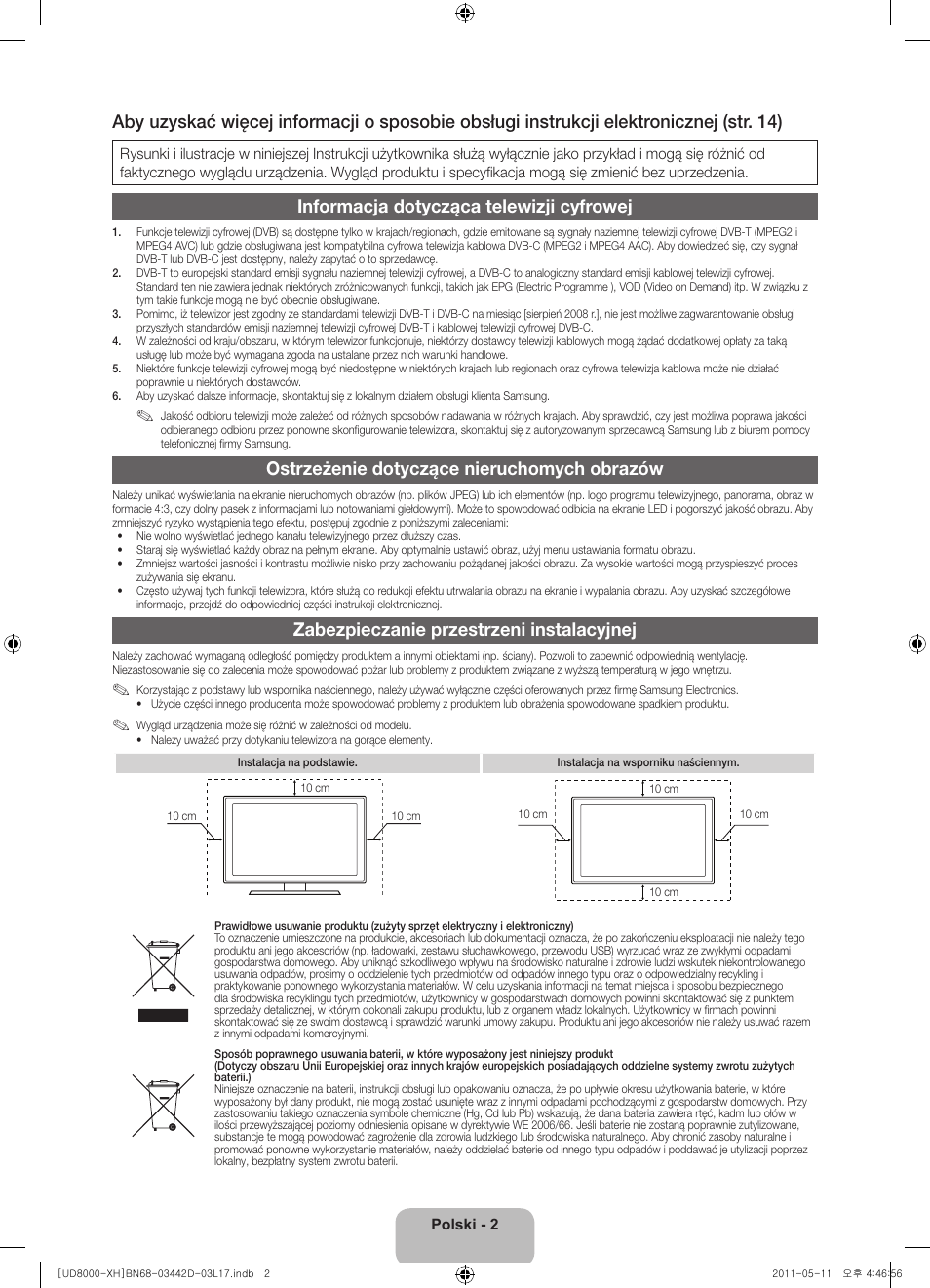 Informacja dotycząca telewizji cyfrowej, Ostrzeżenie dotyczące nieruchomych obrazów, Zabezpieczanie przestrzeni instalacyjnej | Samsung UE46D8000YS User Manual | Page 44 / 344