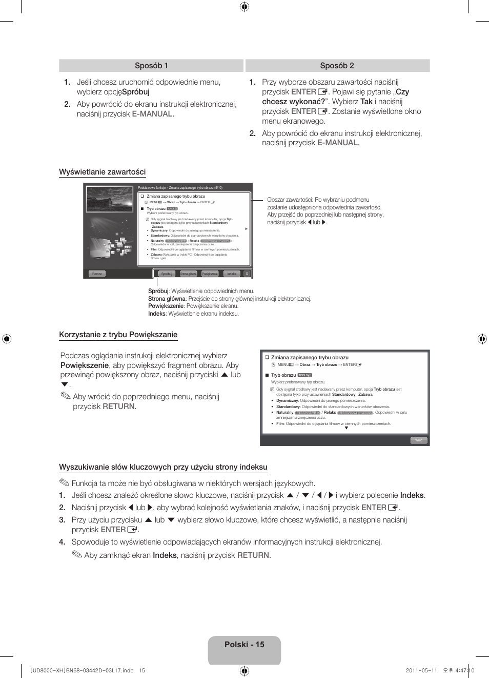 Aby zamknąć ekran indeks, naciśnij przycisk return | Samsung UE46D8000YS User Manual | Page 57 / 344