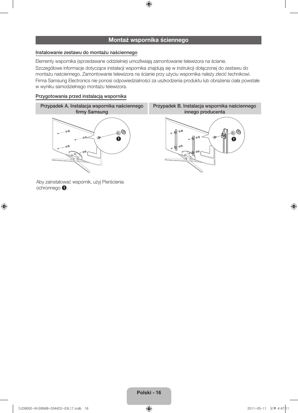 Montaż wspornika ściennego | Samsung UE46D8000YS User Manual | Page 58 / 344