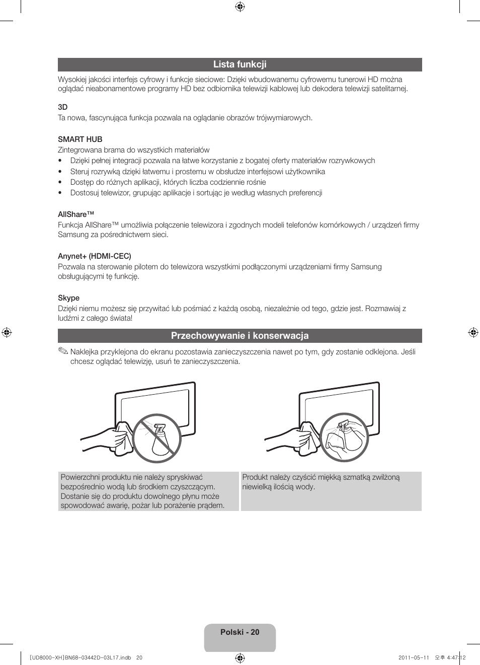Lista funkcji, Przechowywanie i konserwacja | Samsung UE46D8000YS User Manual | Page 62 / 344