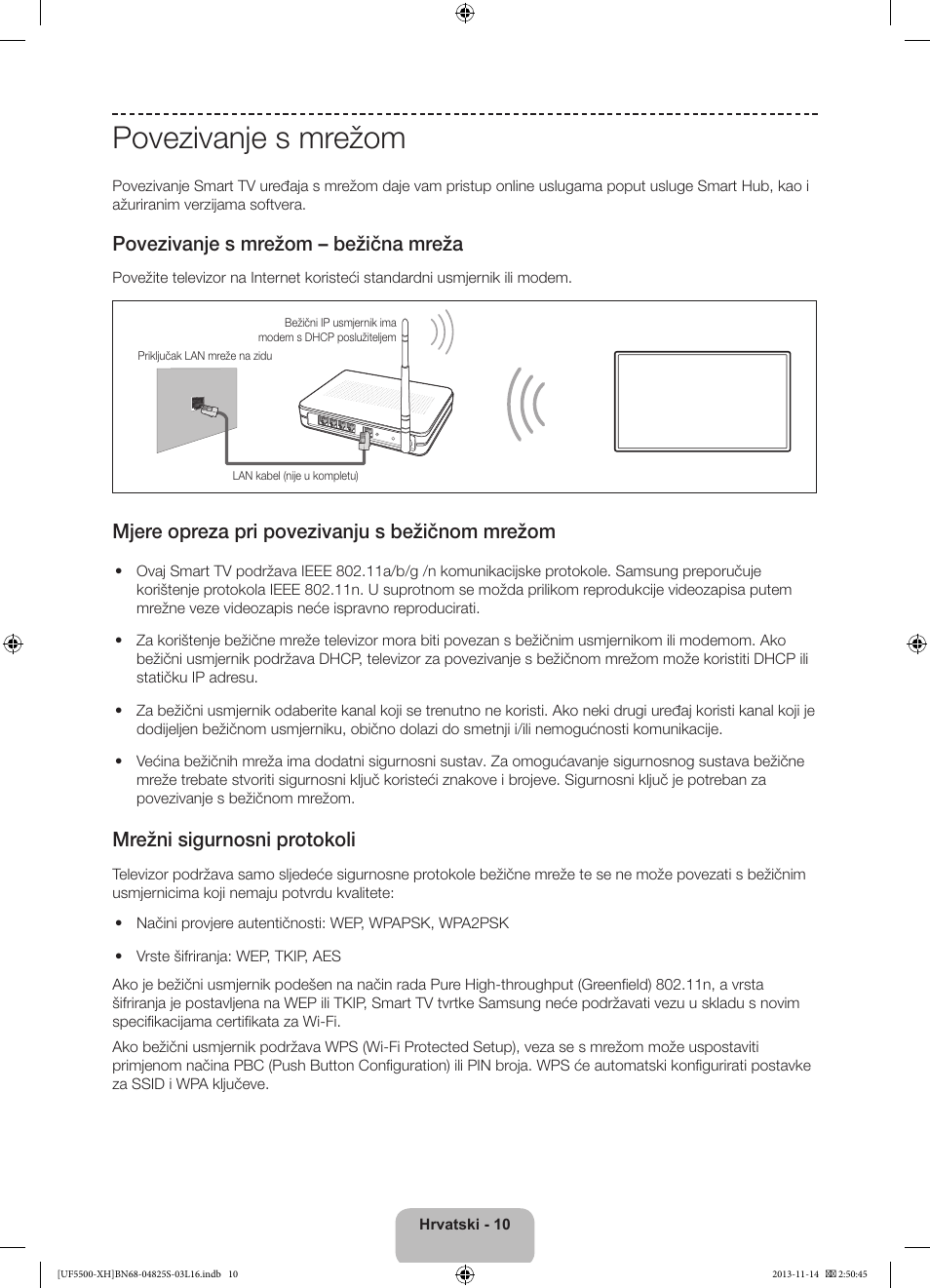 Povezivanje s mrežom, Povezivanje s mrežom – bežična mreža, Mjere opreza pri povezivanju s bežičnom mrežom | Mrežni sigurnosni protokoli | Samsung UE46F5500AW User Manual | Page 100 / 289