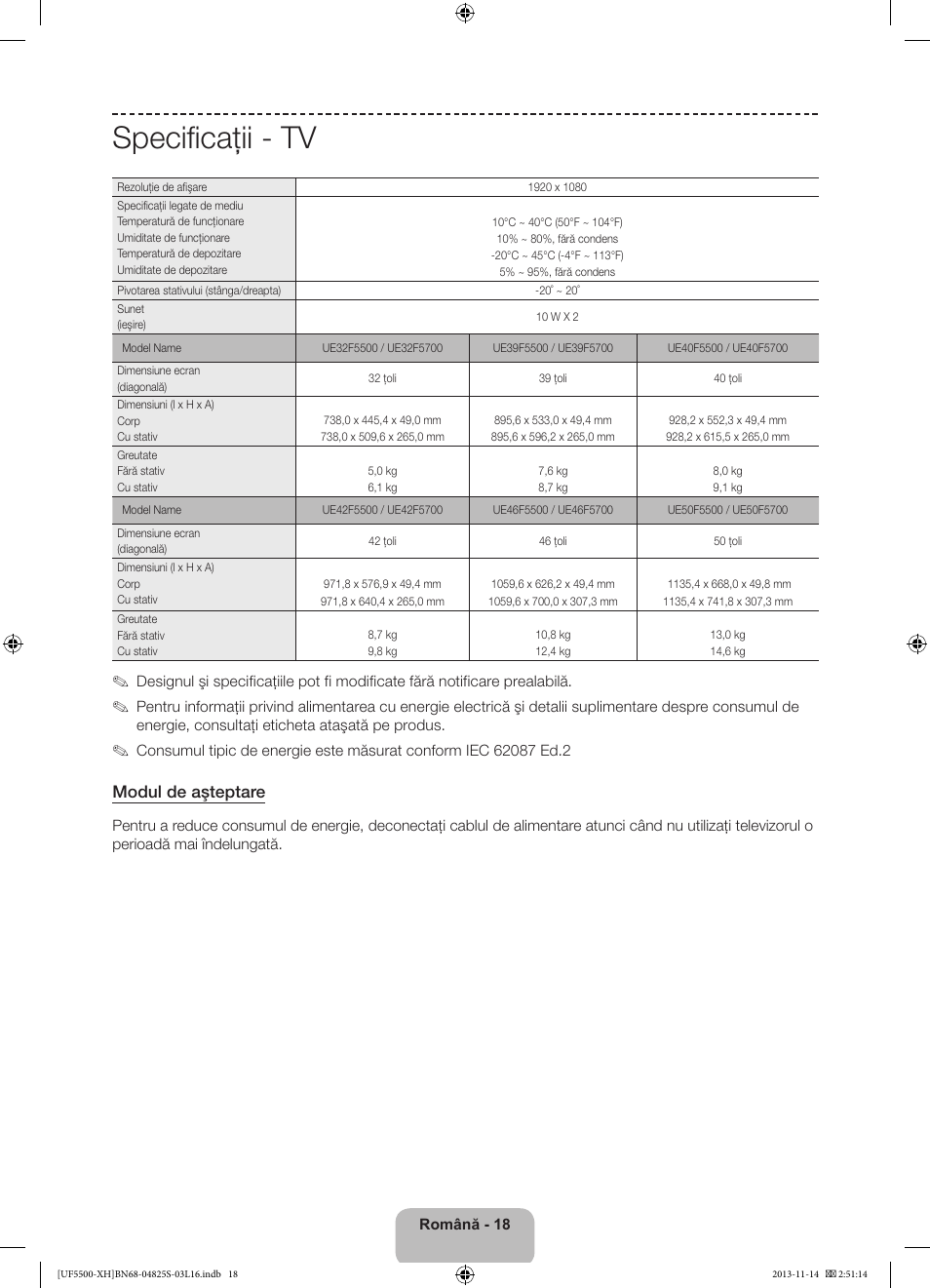 Specificaţii - tv, Modul de aşteptare | Samsung UE46F5500AW User Manual | Page 162 / 289