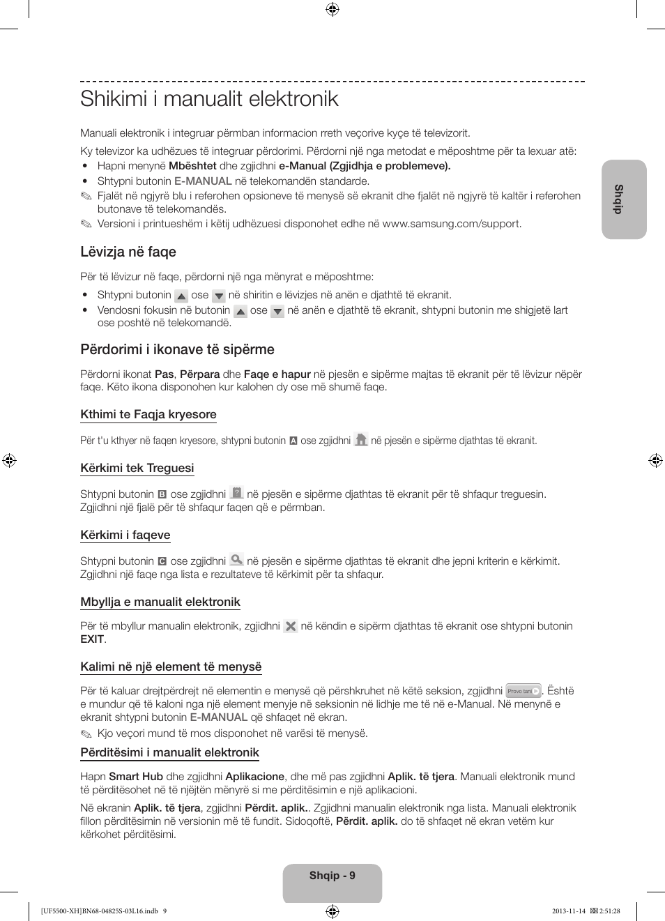 Shikimi i manualit elektronik, Lëvizja në faqe, Përdorimi i ikonave të sipërme | Samsung UE46F5500AW User Manual | Page 189 / 289