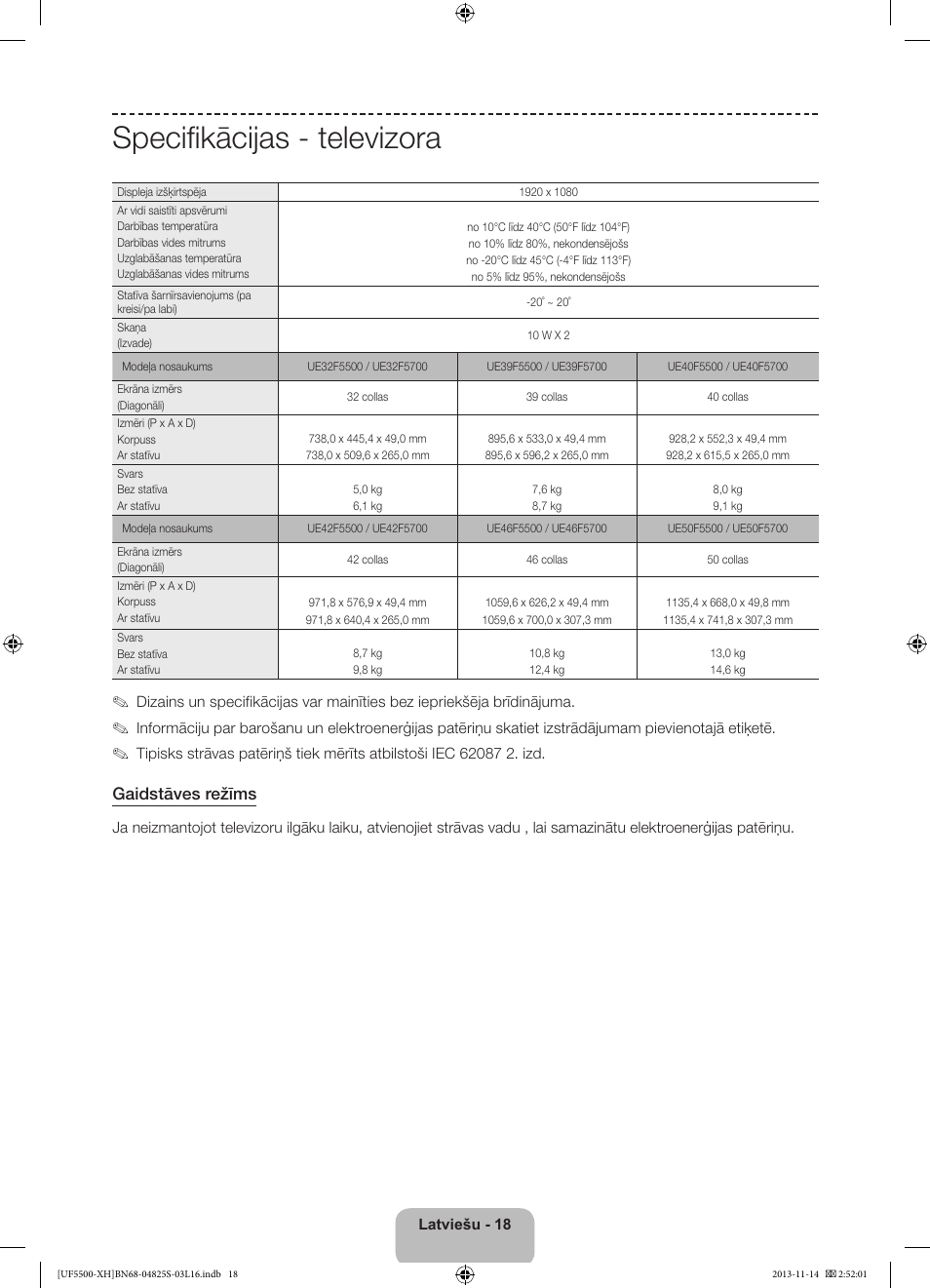 Specifikācijas - televizora, Gaidstāves režīms | Samsung UE46F5500AW User Manual | Page 252 / 289