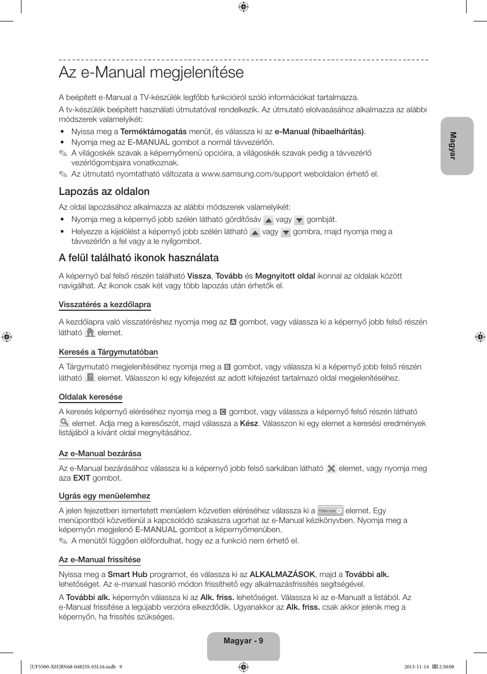Az e-manual megjelenítése, Lapozás az oldalon, A felül található ikonok használata | Samsung UE46F5500AW User Manual | Page 27 / 289