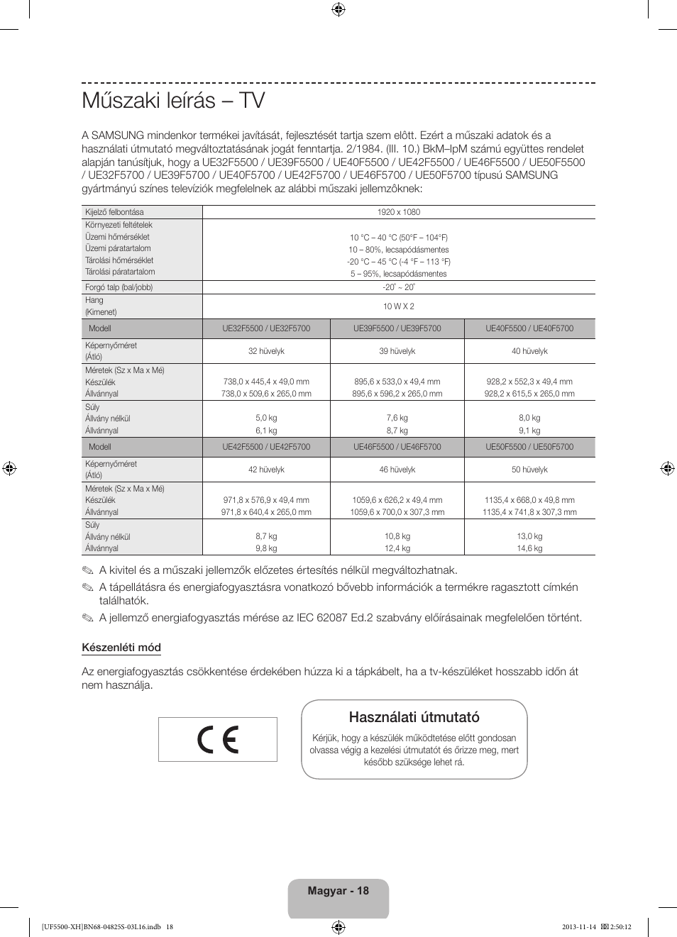 Műszaki leírás – tv, Használati útmutató | Samsung UE46F5500AW User Manual | Page 36 / 289