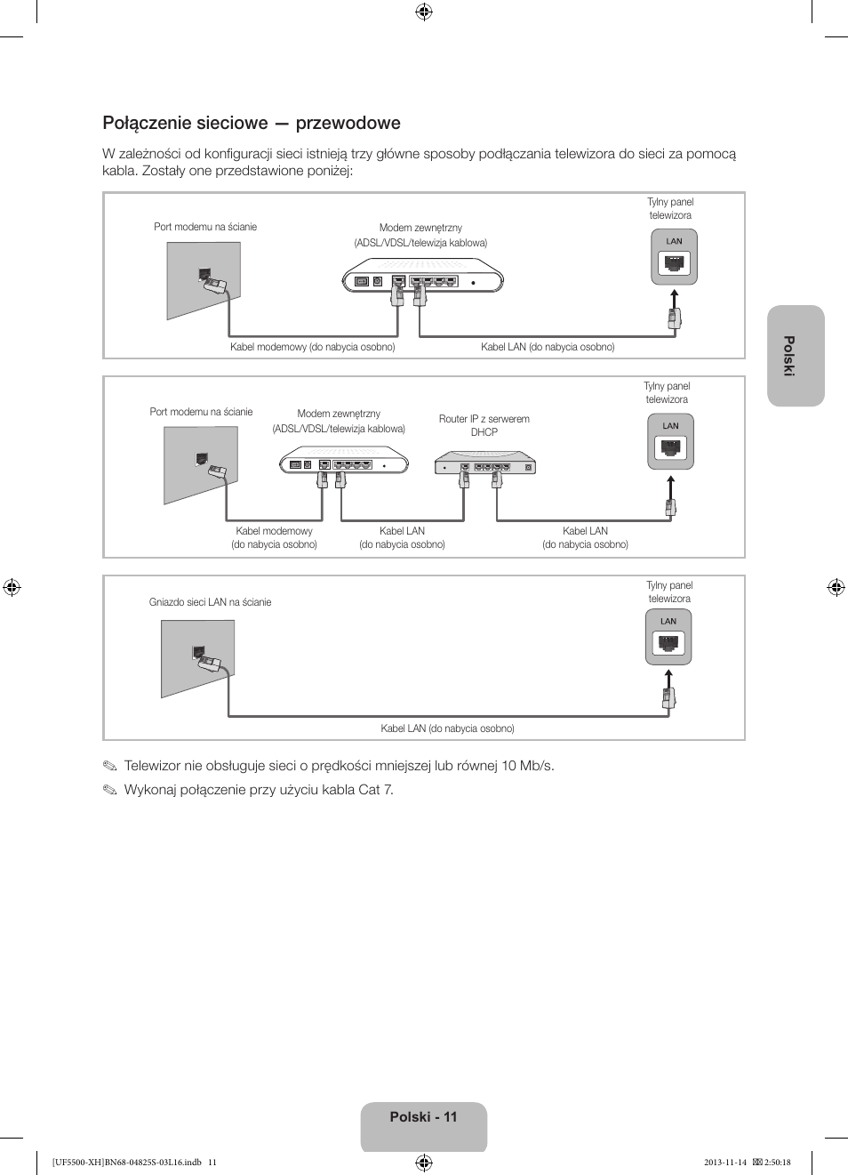 Połączenie sieciowe — przewodowe | Samsung UE46F5500AW User Manual | Page 47 / 289