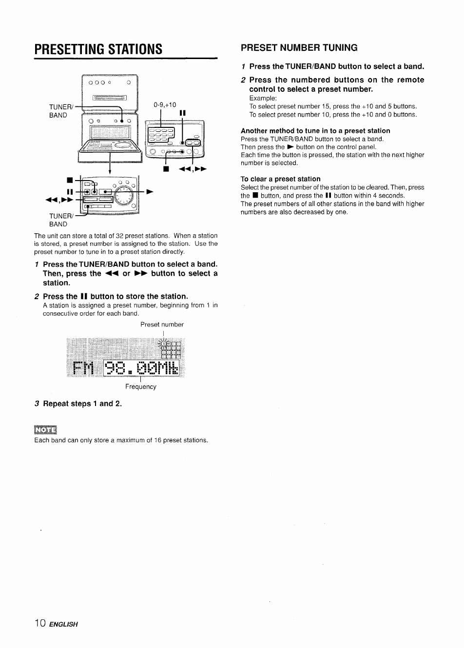 Presetting stations, 2 press the ii button to store the station, Preset number tuning | 1 press thetuner/band button to select a band, Another method to tune in to a preset station, To clear a preset station, 3 repeat steps 1 and 2 | Aiwa XR-MD95 User Manual | Page 10 / 100