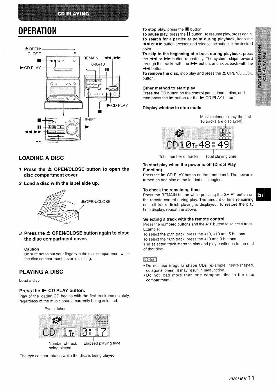 Operation, Loading a disc, 2 load a disc with the labei side up | Caution, Playing a disc, Press the ► cd play button, Other method to start play, Display window in stop mode, To check the remaining time, Selecting a track with the remote control | Aiwa XR-MD95 User Manual | Page 11 / 100