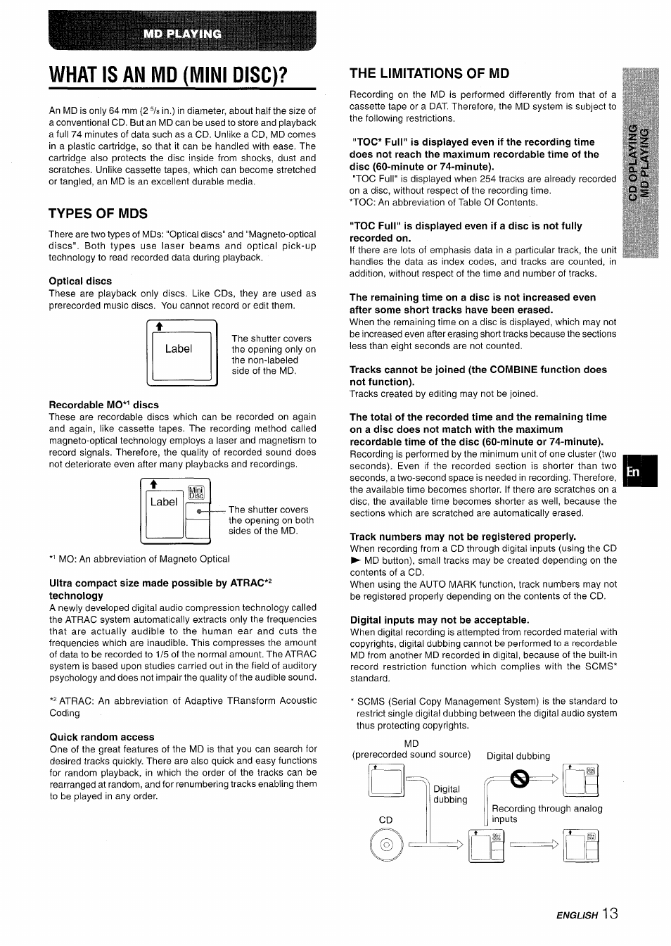 Types of mds, Optical discs, Recordable mo*^ discs | Quick random access, Track numbers may not be registered properly, Digital inputs may not be acceptable, What is an md (mini disc) | Aiwa XR-MD95 User Manual | Page 13 / 100