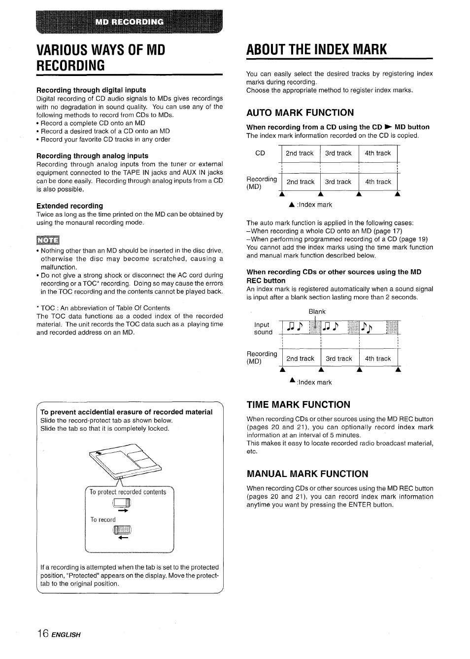Various ways of md recoroing, Recording through digital inputs, Recording through analog inputs | Extended recording, About the index mark, Auto mark function, Time mark function, Manual mark function, Various ways of md recording | Aiwa XR-MD95 User Manual | Page 16 / 100
