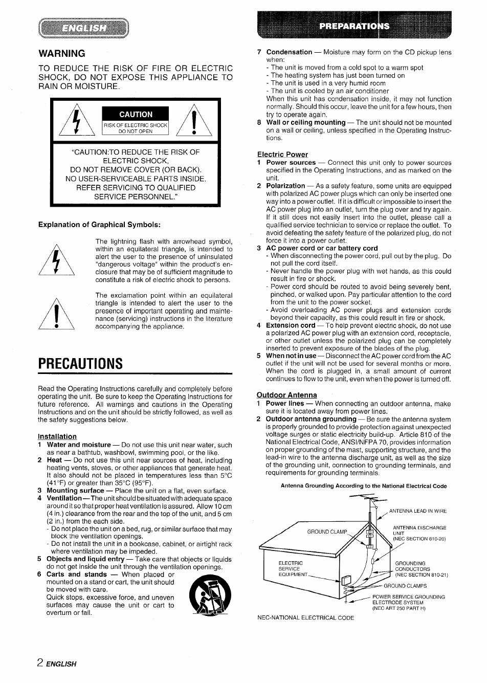 Warning, Caution, Explanation of graphical symbols | Precautions, Installation, Electric power, Outdoor antenna | Aiwa XR-MD95 User Manual | Page 2 / 100