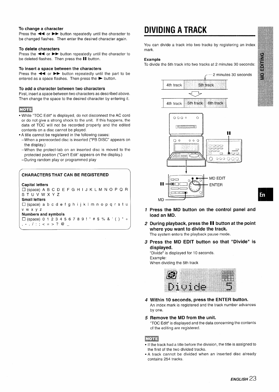 To change a character, To delete characters, To insert a space between the characters | To add a character between two characters, Dividing a track, 4 within 10 seconds, press the enter button, 5 remove the md from the unit | Aiwa XR-MD95 User Manual | Page 23 / 100