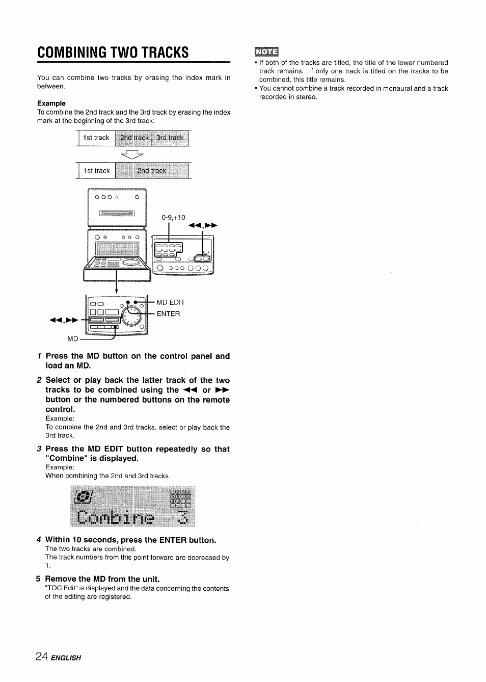 Example, Combining two tracks | Aiwa XR-MD95 User Manual | Page 24 / 100