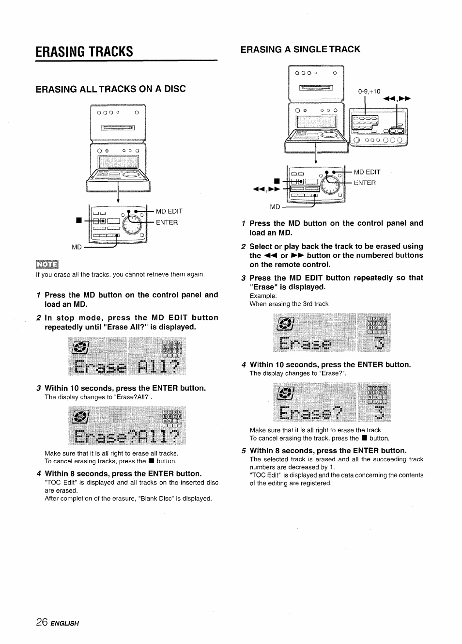 Erasing tracks, Erasing a single track, Erasing all tracks on a disc | Aiwa XR-MD95 User Manual | Page 26 / 100
