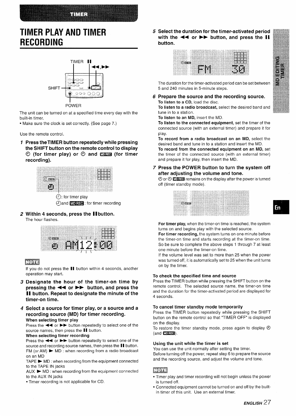Timer play and timer recording, Timer play andtimer recording | Aiwa XR-MD95 User Manual | Page 27 / 100