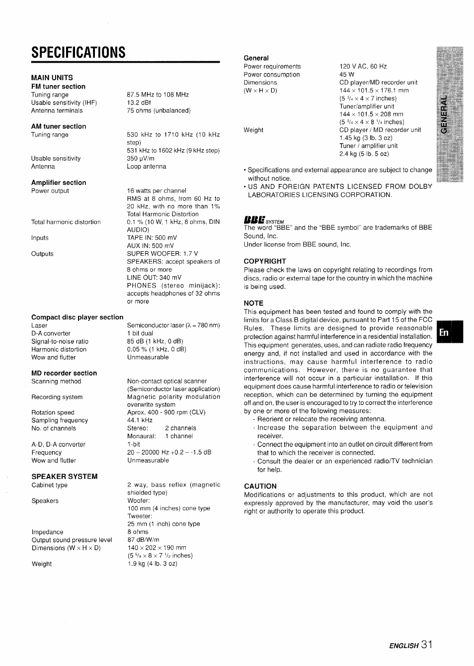 Specifications | Aiwa XR-MD95 User Manual | Page 31 / 100