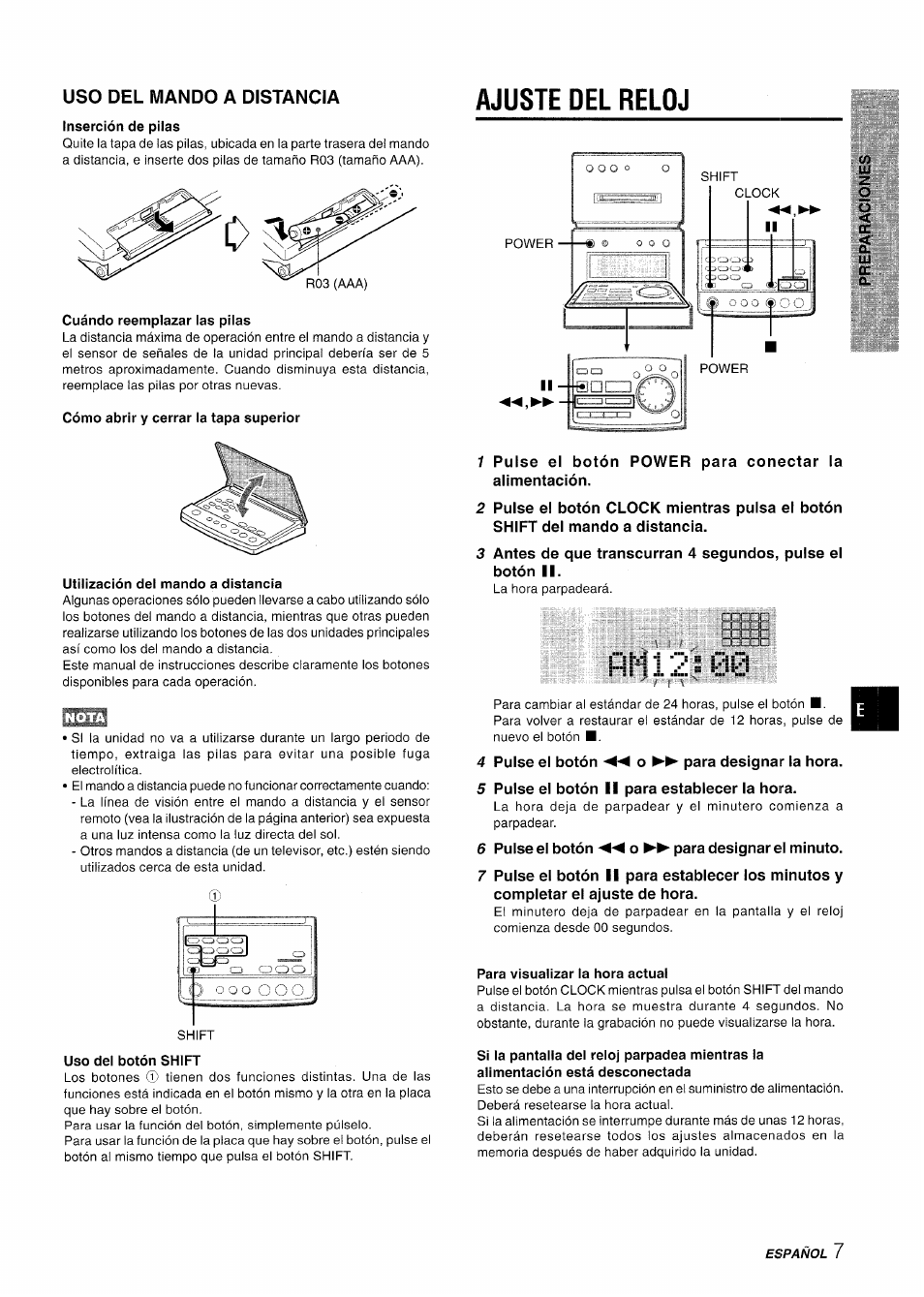 Uso del mando a distancia, Ajuste del reloj, Ñm i 2 s 00 | Aiwa XR-MD95 User Manual | Page 39 / 100