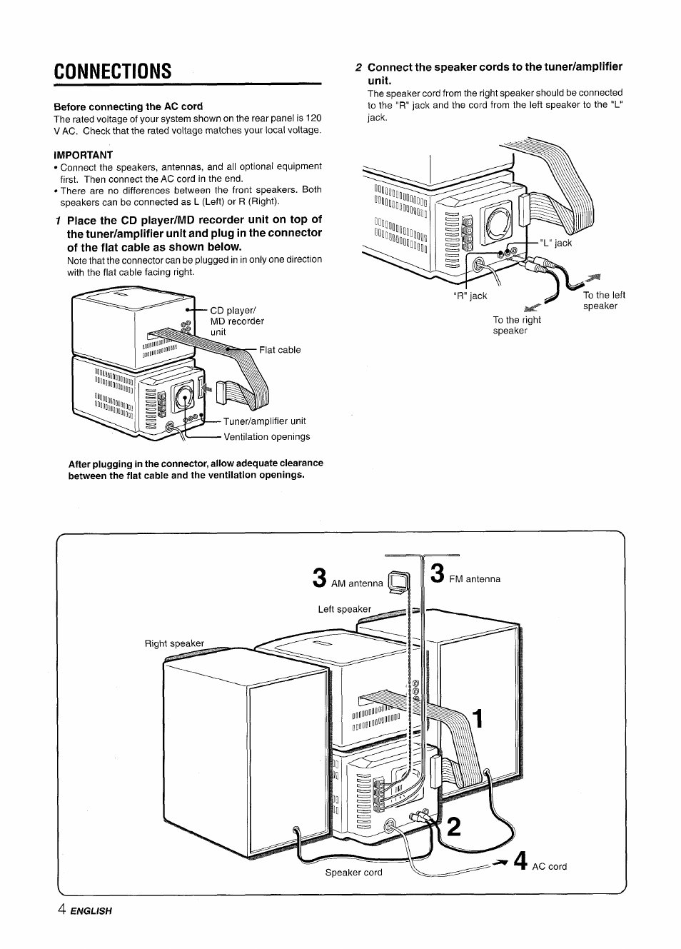 Connections, Before connecting the ac cord, Important | Connections o | Aiwa XR-MD95 User Manual | Page 4 / 100
