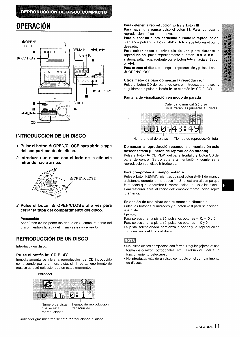 Operación, Introduccion de un disco, Precaución | Reproducción de un disco, Pulse el botón ► cd play, Otros métodos para comenzar la reproducción, Pantalla de visualización en modo de parada, Para comprobar el tiempo restante, Selección de una pista con el mando a distancia | Aiwa XR-MD95 User Manual | Page 43 / 100