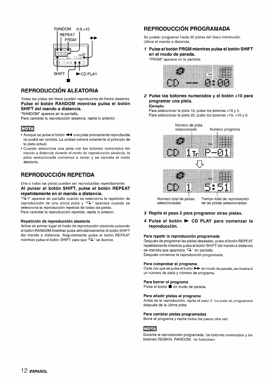 Reproduccion aleatoria, Reproduccion repetida, Reproduccion programada | I i ii | Aiwa XR-MD95 User Manual | Page 44 / 100