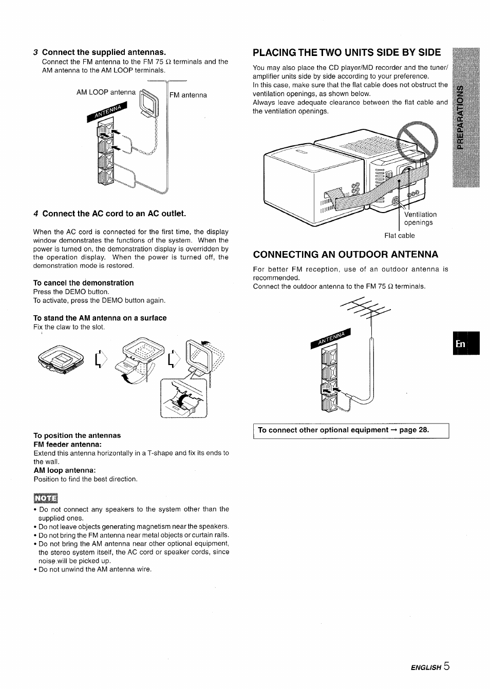 3 connect the supplied antennas, 4 connect the ac cord to an ac outlet, To cancel the demonstration | To stand the am antenna on a surface, To position the antennas fm feeder antenna, Placing the two units side by side, Connecting an outdoor antenna | Aiwa XR-MD95 User Manual | Page 5 / 100