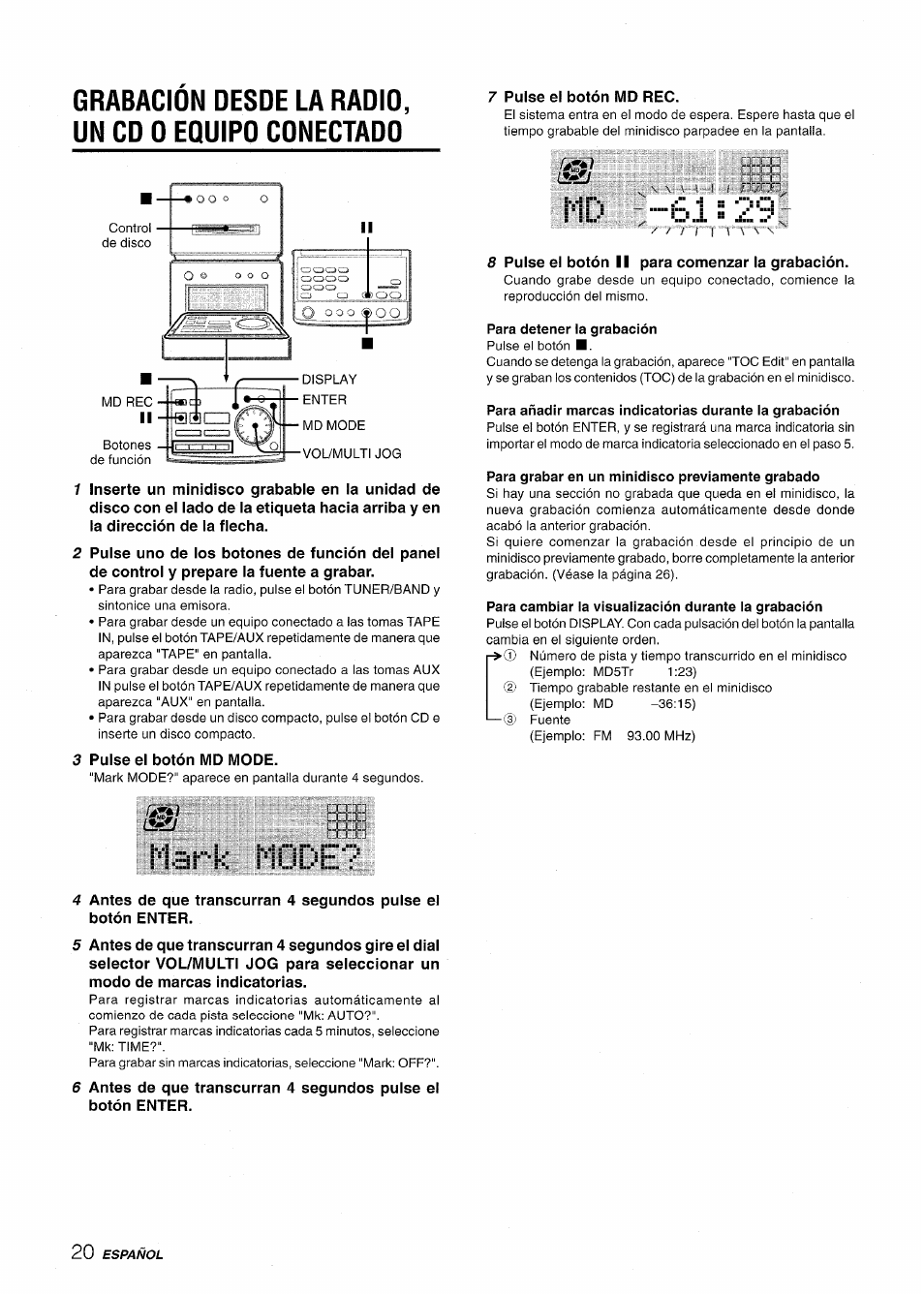 Grabación desde la radio, un cd o equipo conectado | Aiwa XR-MD95 User Manual | Page 52 / 100