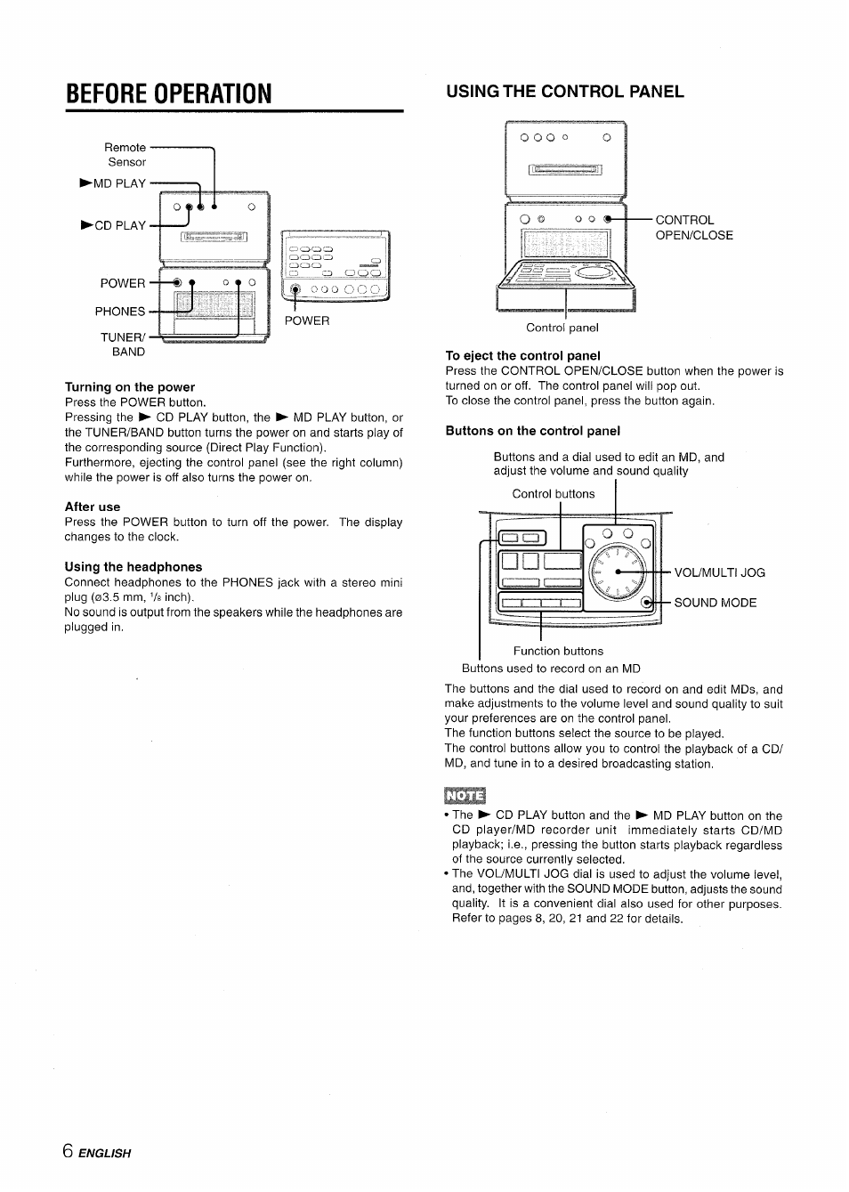 Before operation, Using the control panel, Turning on the power | After use, Using the headphones, Buttons on the control panel | Aiwa XR-MD95 User Manual | Page 6 / 100