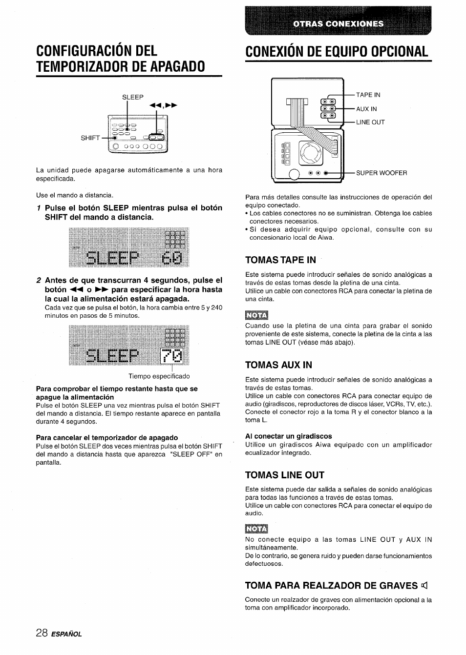 Configuracion del temporizador de apagado, Para cancelar el temporizador de apagado, Cdnexidn de equipd dpcidnal | Tomas tape in, Tomas aux in, Al conectar un giradiscos, Tomas line out, Toma para realzador de graves <l, Conexión de equipo opcional, Sleep | Aiwa XR-MD95 User Manual | Page 60 / 100