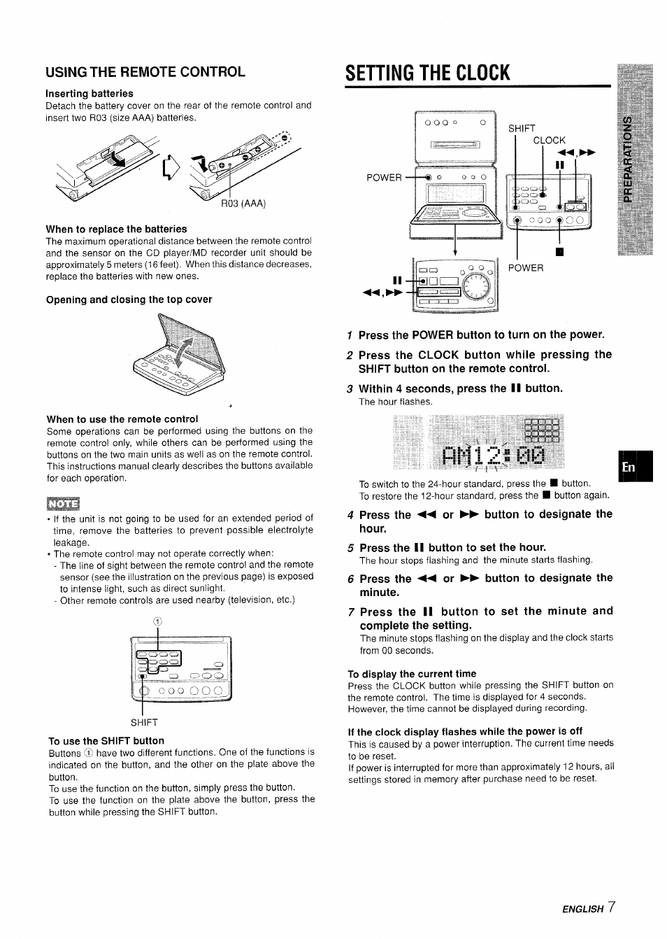 Using the remote control, Inserting batteries, Setting the clock | When to use the remote control, To use the shift button, 1 press the power button to turn on the power, 3 within 4 seconds, press the ii button, 4 press the ◄◄ or hour, 5 press the ii button to set the hour, To display the current time | Aiwa XR-MD95 User Manual | Page 7 / 100