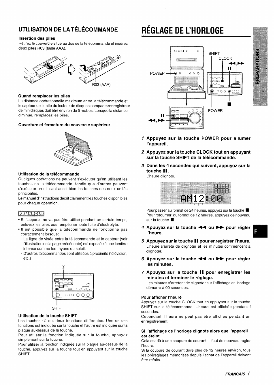 Insertion des piles, Reglage de l’horloge, Quand remplacer les piles | Ouverture et fermeture du couvercle supérieur, Utilisation de la télécommande, Utilisation de la touche shift, Pour afficher l’heure, Réglage de lhorloge 5 | Aiwa XR-MD95 User Manual | Page 71 / 100
