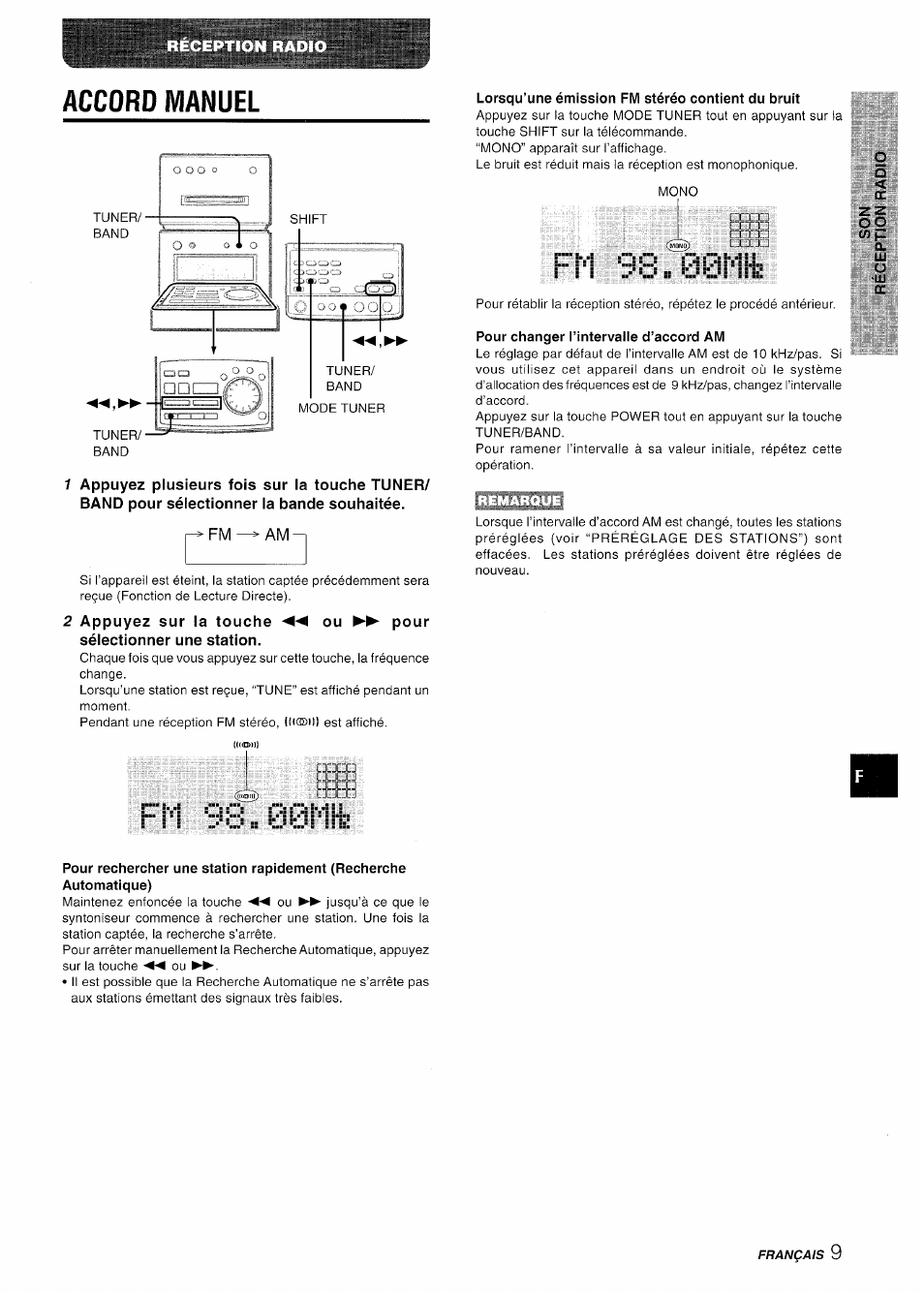 Accord manuel, Lorsqu’une émission fm stéréo contient du bruit, Pour changer l’intervalle d’accord am | Aiwa XR-MD95 User Manual | Page 73 / 100