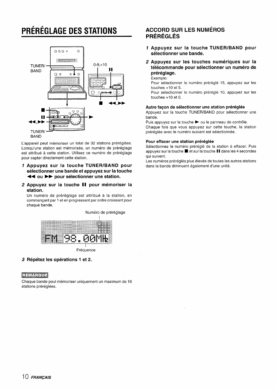 Accord sur les numeros préréglés, Autre façon de sélectionner une station préréglée, Pour effacer une station préréglée | Préreglage des stations | Aiwa XR-MD95 User Manual | Page 74 / 100