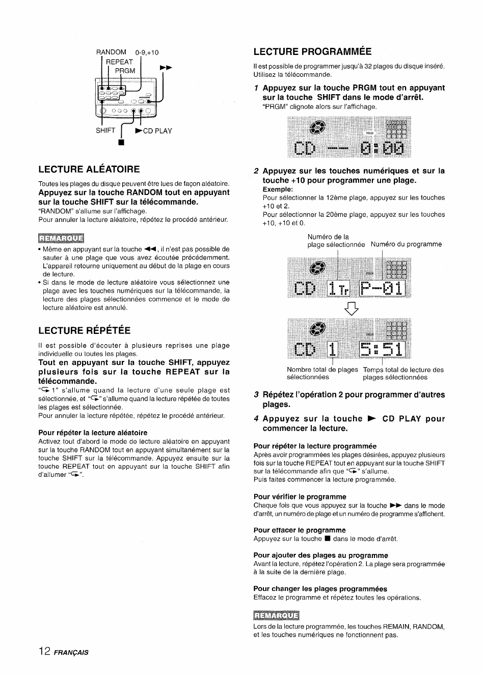 Lecture programmee, Lecture aleatoire, Lecture répétée | Pour répéter la lecture programmée, Pour vérifier le programme, Pour effacer le programme, Pour ajouter des plages au programme, Pour changer les plages programmées, Cd — 0:00 | Aiwa XR-MD95 User Manual | Page 76 / 100