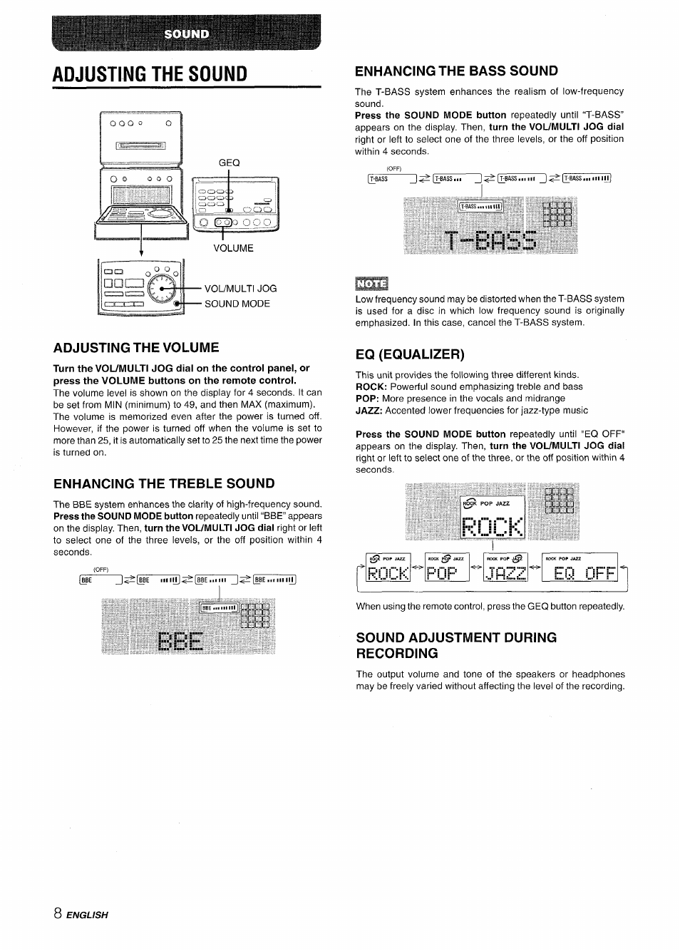 Adjusting the sound, Adjusting the volume, Enhancing the treble sound | Enhancing the bass sound, Eq (equalizer), Sound adjustment during recording, Fioc | Aiwa XR-MD95 User Manual | Page 8 / 100