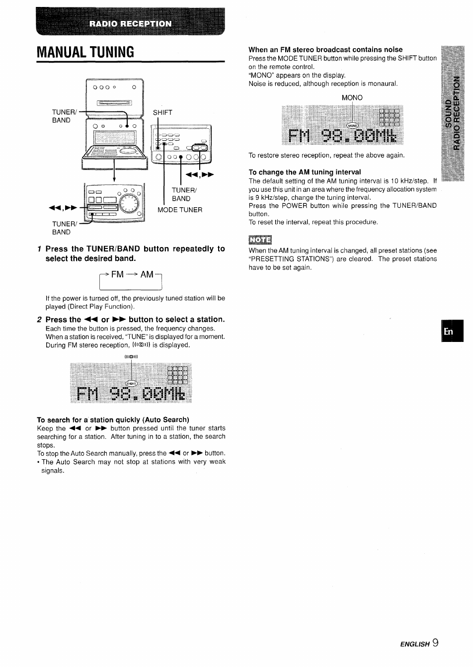 Manual tuning, 2 press the ◄◄ or ►► button to select a station, When an fm stereo broadcast contains noise | To change the am tuning interval, To search for a station quickiy (auto search), Ft-i 98.00mh, Fm-^am | Aiwa XR-MD95 User Manual | Page 9 / 100
