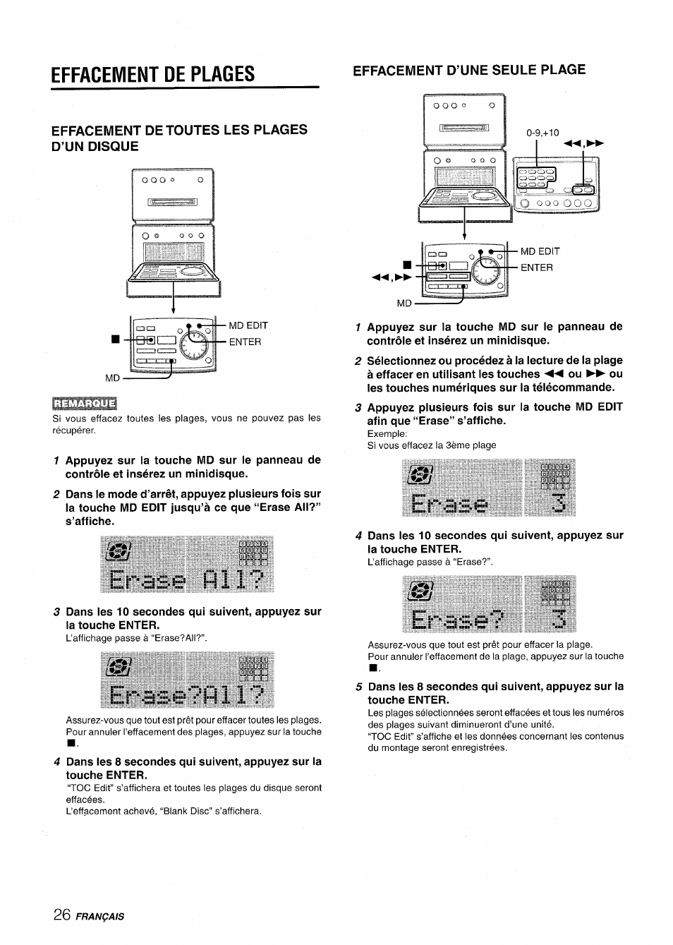 Effacement de plages, Effacement d’une seule plage, Effacement de toutes les plages d’un disque | Aiwa XR-MD95 User Manual | Page 90 / 100