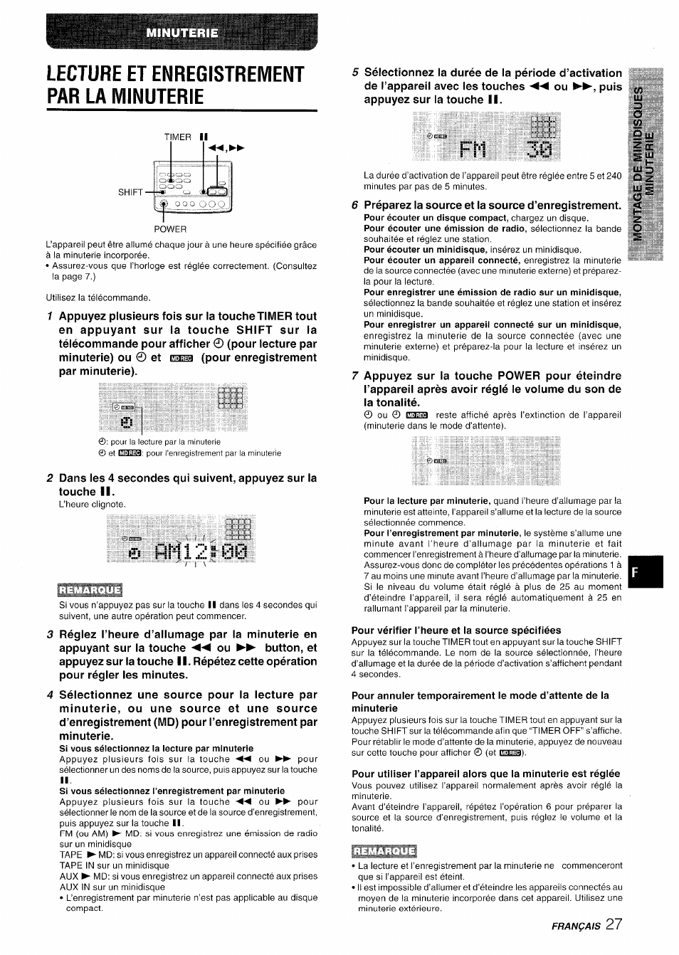 Lecture et enregistrement par la minuterie, Pour vérifier i’heure et ia source spécifiées, Prl :l. :i!i | Aiwa XR-MD95 User Manual | Page 91 / 100