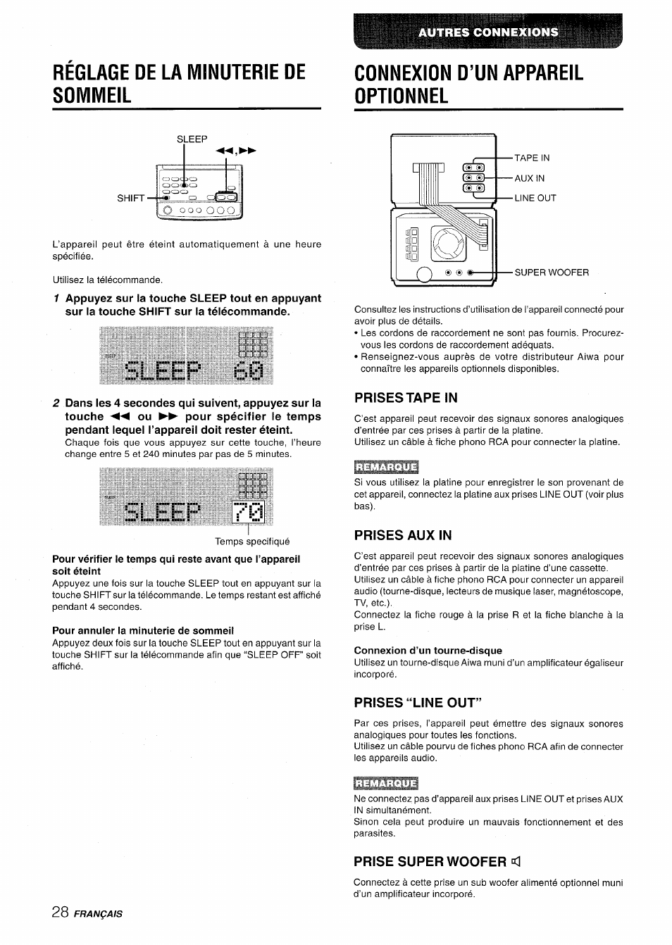 Reglage de la minuterie de sommeil, Connexion d’un appareil optionnel, Pour annuler la minuterie de sommeil | Prises tape in, Prises aux in, Connexion d’un tourne-disque, Prises “line out, Prise superwoofer <l, Sleeïp 60 | Aiwa XR-MD95 User Manual | Page 92 / 100