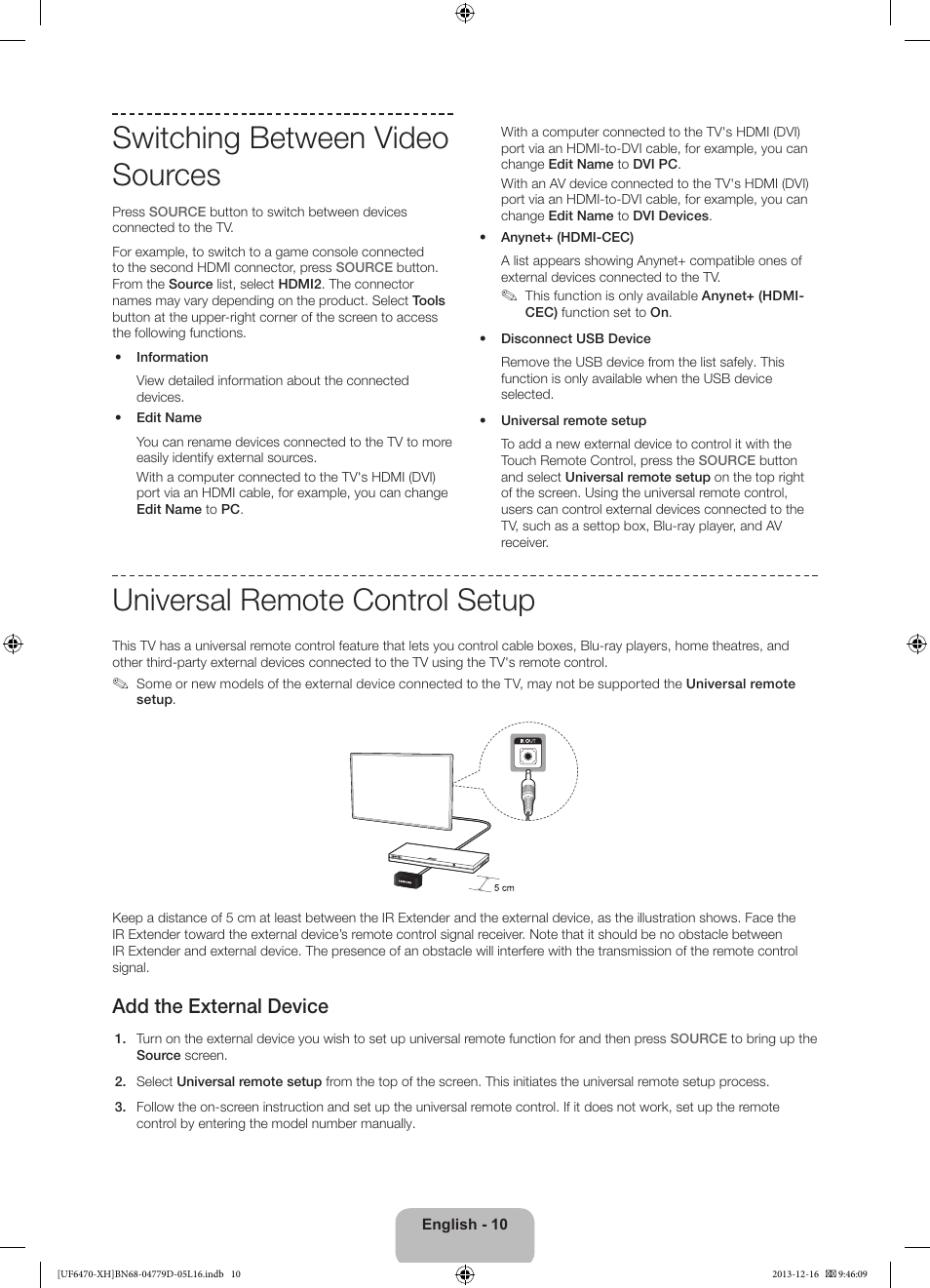 Switching between video sources, Universal remote control setup, Add the external device | Samsung UE50F6670SS User Manual | Page 10 / 385