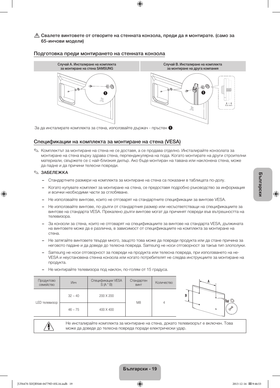 Подготовка преди монтирането на стенната конзола | Samsung UE50F6670SS User Manual | Page 115 / 385