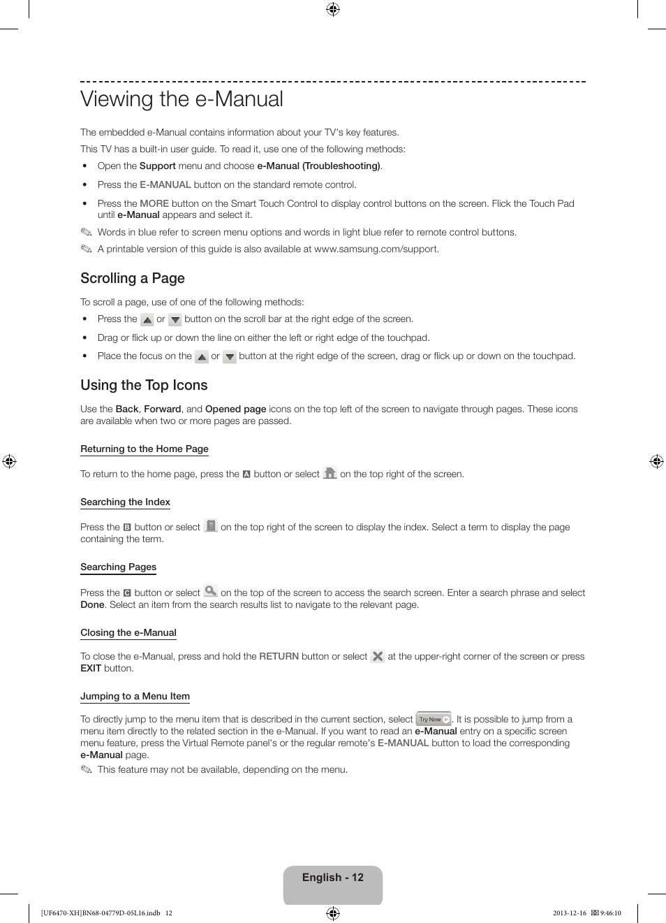Viewing the e-manual, Scrolling a page, Using the top icons | Samsung UE50F6670SS User Manual | Page 12 / 385