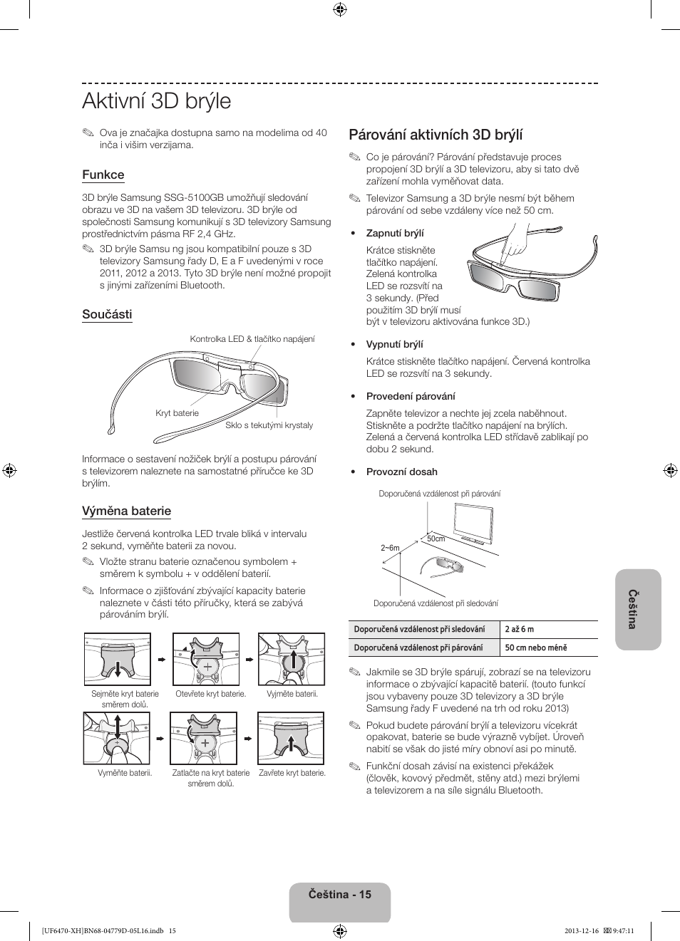 Aktivní 3d brýle, Párování aktivních 3d brýlí | Samsung UE50F6670SS User Manual | Page 159 / 385