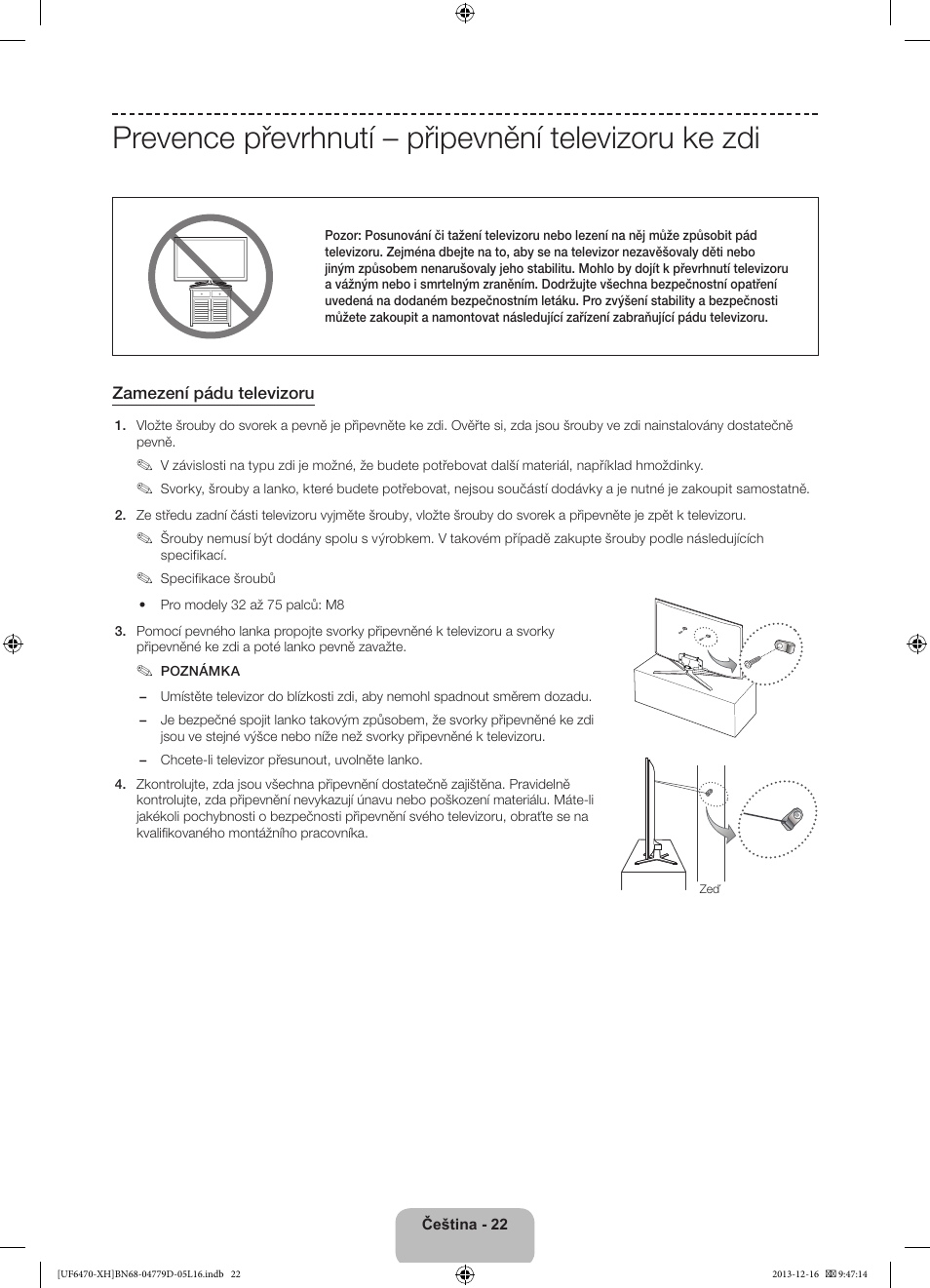 Prevence převrhnutí – připevnění televizoru ke zdi | Samsung UE50F6670SS User Manual | Page 166 / 385