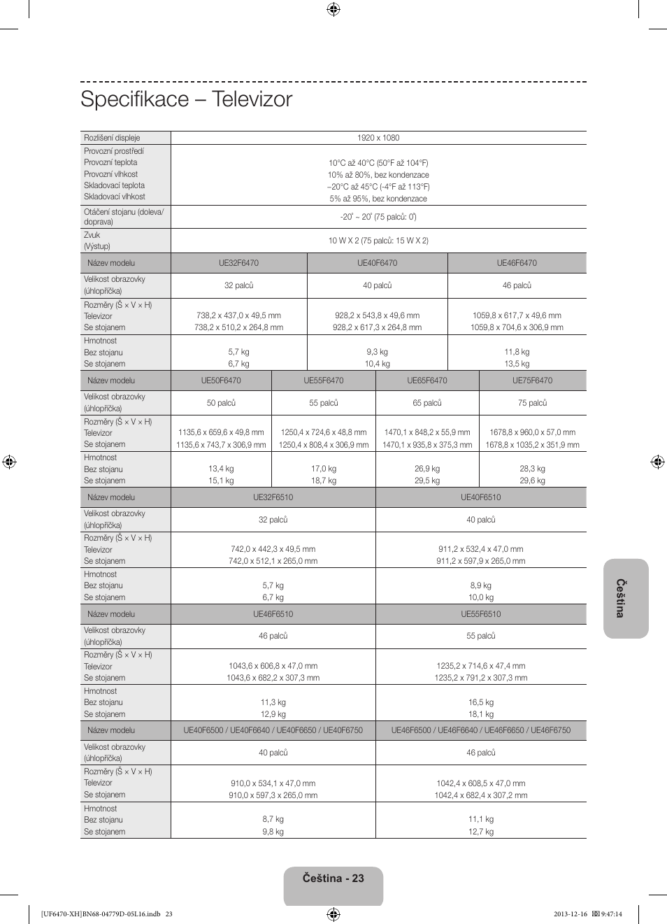 Specifikace – televizor | Samsung UE50F6670SS User Manual | Page 167 / 385