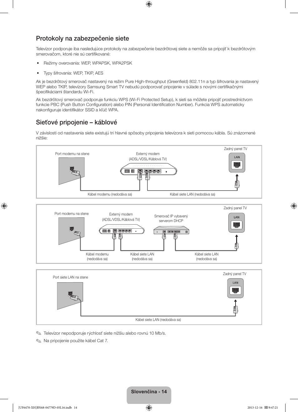 Protokoly na zabezpečenie siete, Sieťové pripojenie – káblové | Samsung UE50F6670SS User Manual | Page 182 / 385