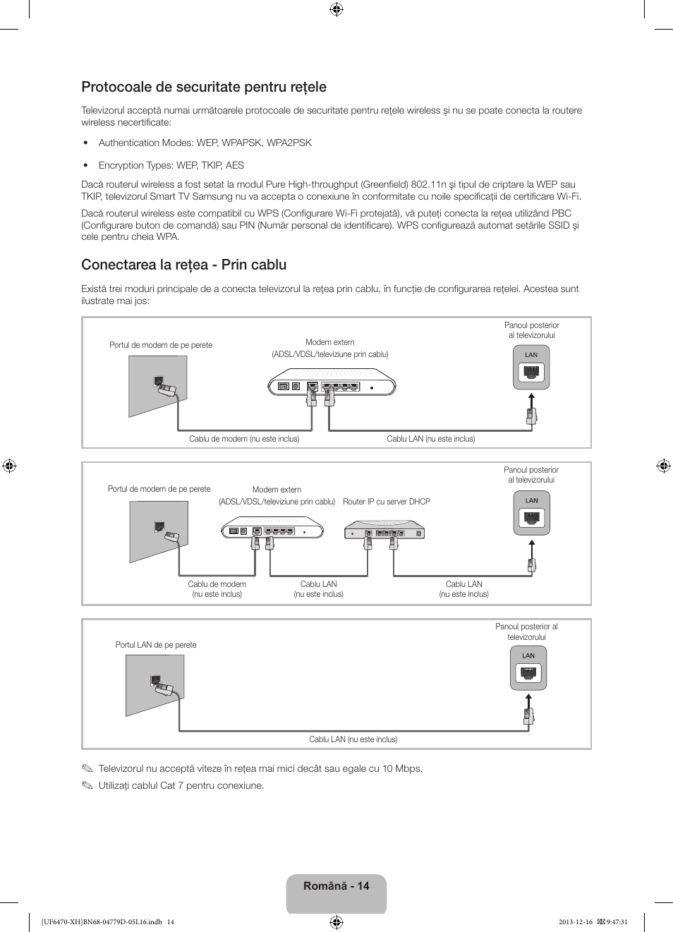 Protocoale de securitate pentru reţele, Conectarea la reţea - prin cablu | Samsung UE50F6670SS User Manual | Page 206 / 385