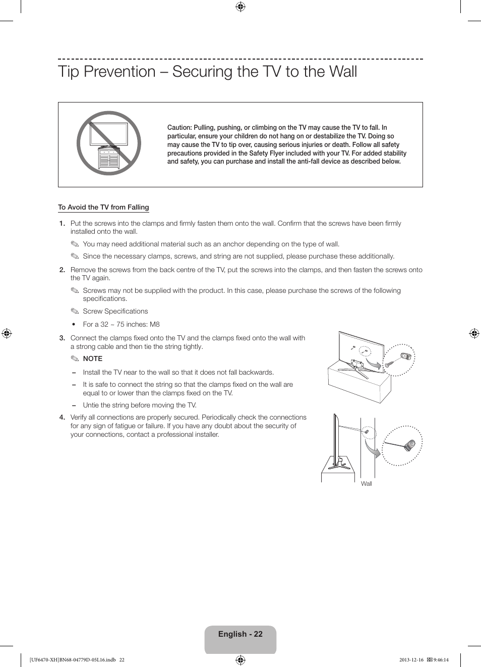 Tip prevention – securing the tv to the wall | Samsung UE50F6670SS User Manual | Page 22 / 385