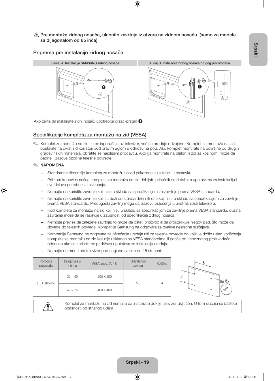 Priprema pre instalacije zidnog nosača, Specifikacije kompleta za montažu na zid (vesa) | Samsung UE50F6670SS User Manual | Page 235 / 385